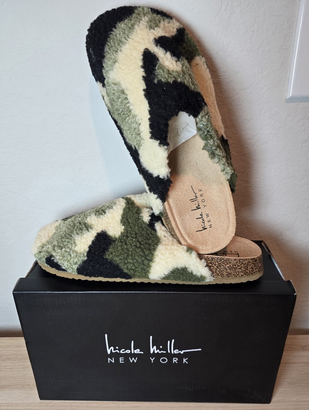Nicole Miller Sherpa Slides Camo Shearling Mule Womens Size 9 New Bondy